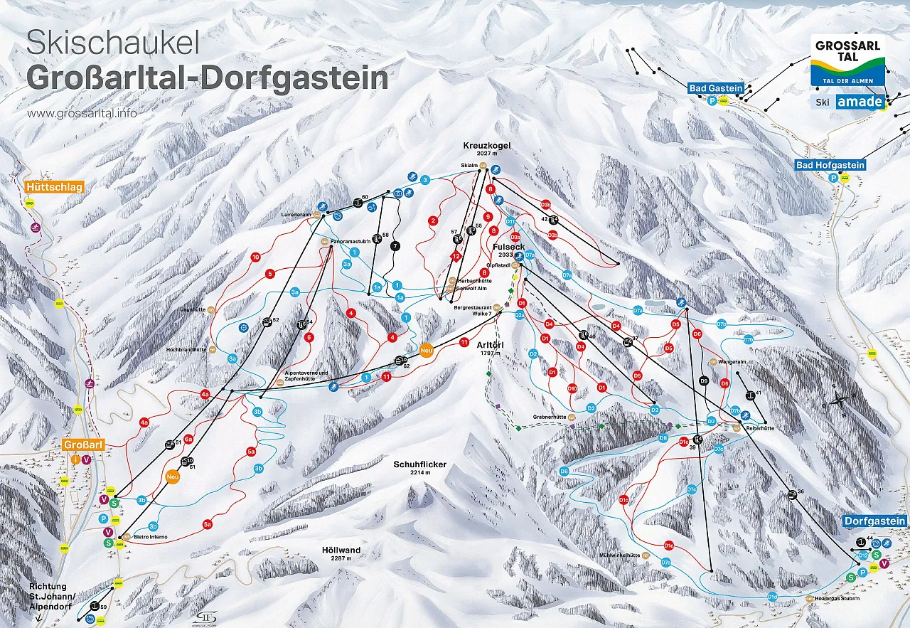 Karta över skidområdet Großarltal-Dorfgastein med skidleder i olika färger som indikerar svårighetsgrad. Stolliftar och gondoler är markerade, och de omgivande bergsnamnen och närliggande städer som Bad Gastein och Hüttschlag syns. 