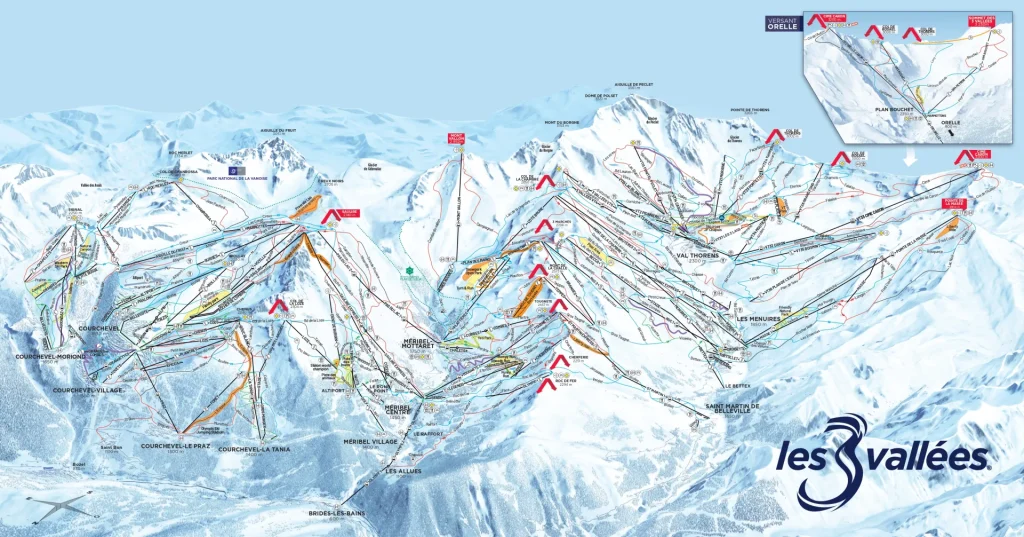 En detaljerad spårkarta över skidorten Les 3 Vallées, inklusive Skidsemester i Val Thorens. Den visar olika skidbackar markerade i olika färger, skidliftar och bergstoppar. En infälld karta ger en överblick över området med skidortens logotyp i nedre högra hörnet.  