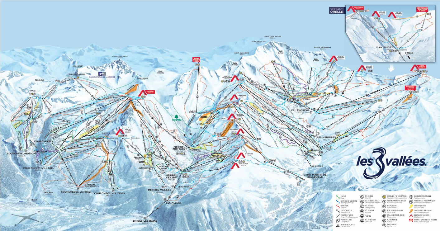 Karta över skidorten Les 3 Vallées, inklusive spår och skidliftar för en oförglömlig skidsemester i Les Menuires. Linjer i olika färger visar svårighetsgrader på toppar och i dalar, och en infälld karta ger en bredare bild av bergsområdet. 