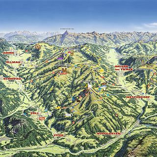 Illustrerad karta över en bergsregion med städer som Söll, Itter, Scheffau, Ellmau, Going, Brixen im Thale och Westendorf - perfekt för att planera sommarsemestern i Westendorf - med skidliftar, leder och toppar markerade mitt i gröna dalar.