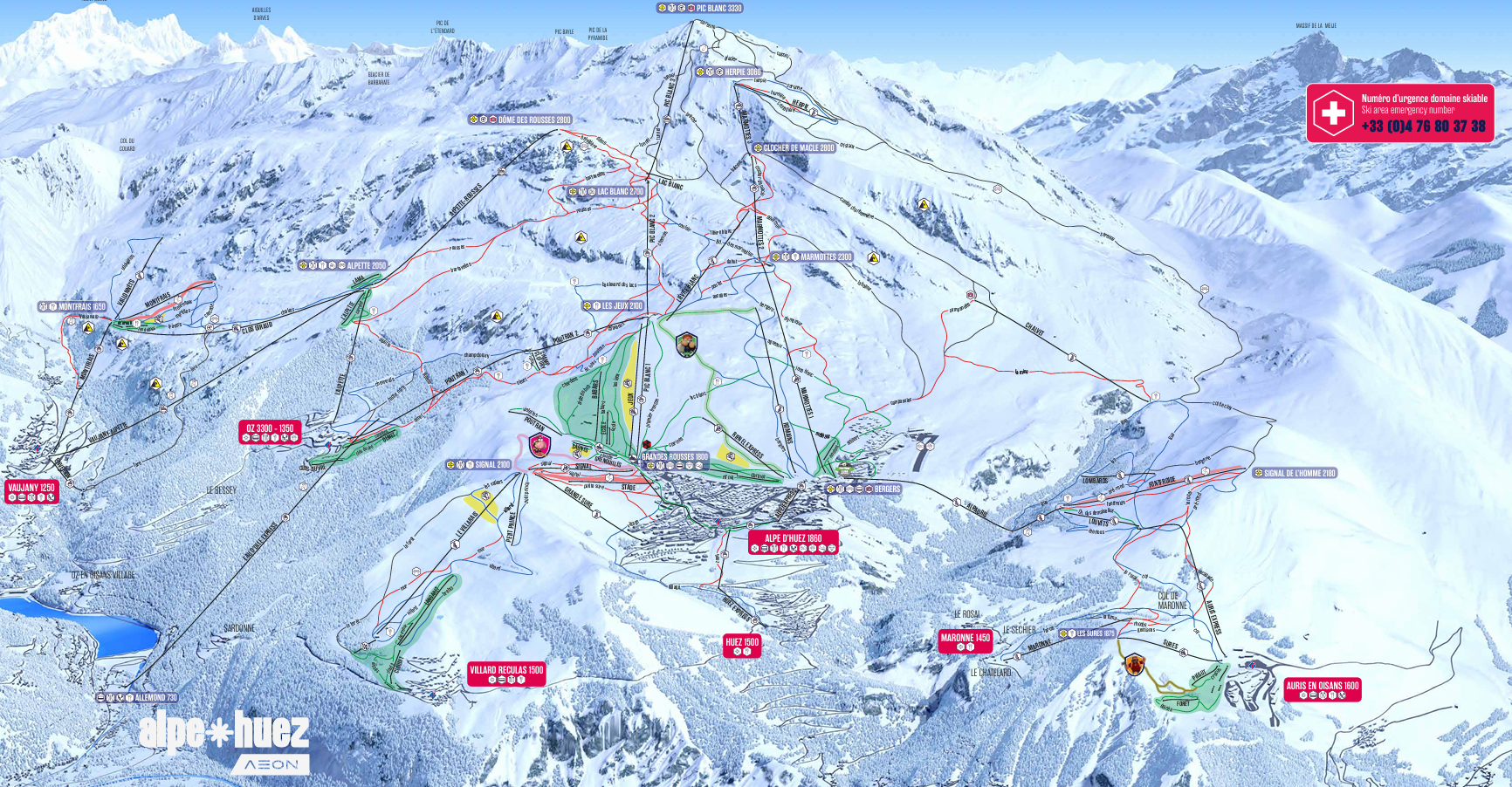 Illustrerad skidkarta över Alpe d