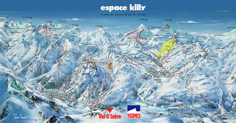 Illustrerad skidkarta över Espace Killy som visar de sammanhängande skidområdena i Val d