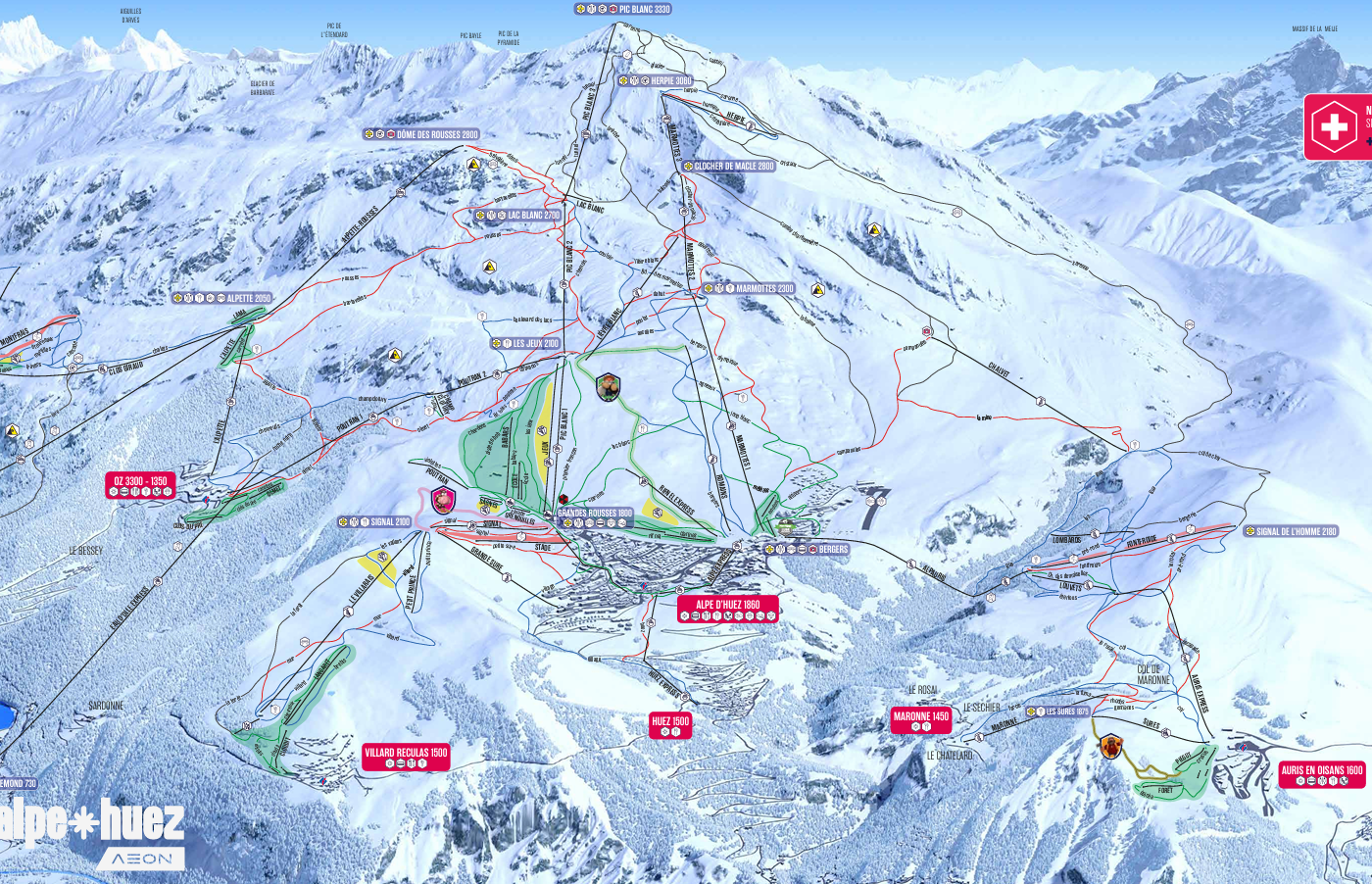 Illustrerad skidkarta över Alpe d